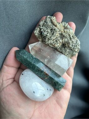 Mixed Crystal Lot - Clear Quartz, Green Moss what, Rutilated Palm Stone & Pyrite
